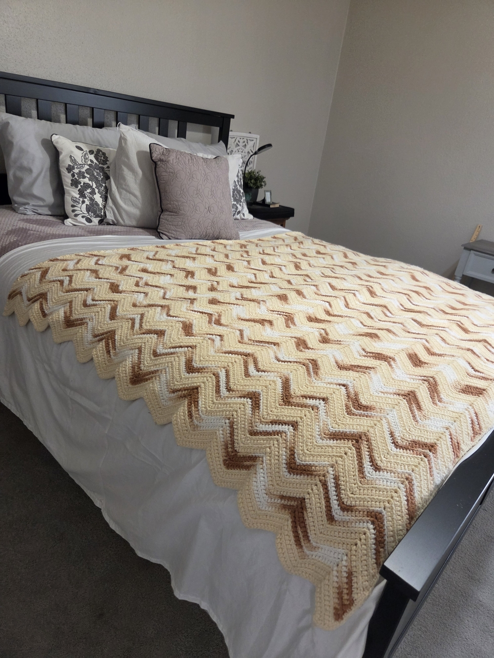 Vintage Crochet Chevron Afghan Blanket Yellow Brown White Chevron Zig Zag 53x64